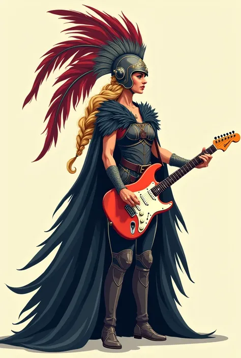 flat vector logo of a (((valkyrie))), she is 38 years old. She weares a valkeryie helmet with feathers on the side of it and cape made out of raven feathers. She is blond, the hair on the rightside of her head is braided. She is holding a fender stratocast...