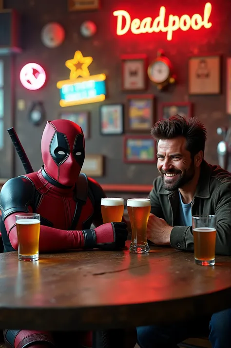 Deadpool and Wolverine drinking beer 