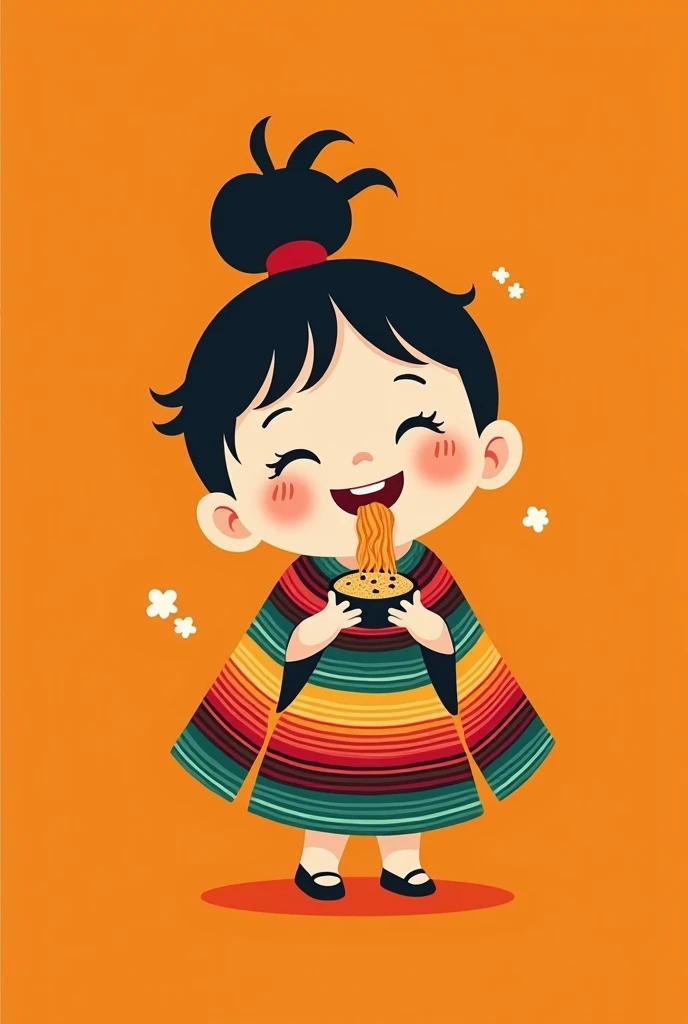 minimalist logo, as a little Japanese girl, with a messy bun hairstyle, wearing a Mexican serape, closed eyes, very happy, Eating noodles with bits of meat, on an orange background.