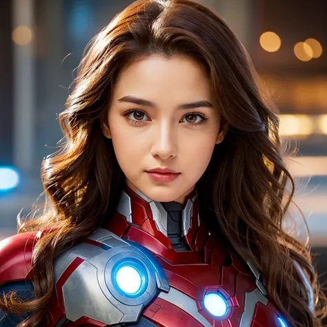 One woman with VERY Curls  DARK BROWN hair brown eyes wearing Marvel Iron Man outfit 