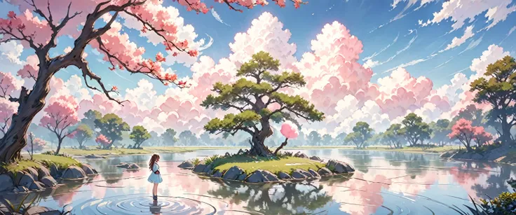 "((peaceful)) scene, A girl kneeling while thinking, ((Ripples on the pond)), ((Cotton candy cloud)), ((Gnarled tree silhouette)), Professional photography, ((Three-part method)), High resolution, Highest quality
