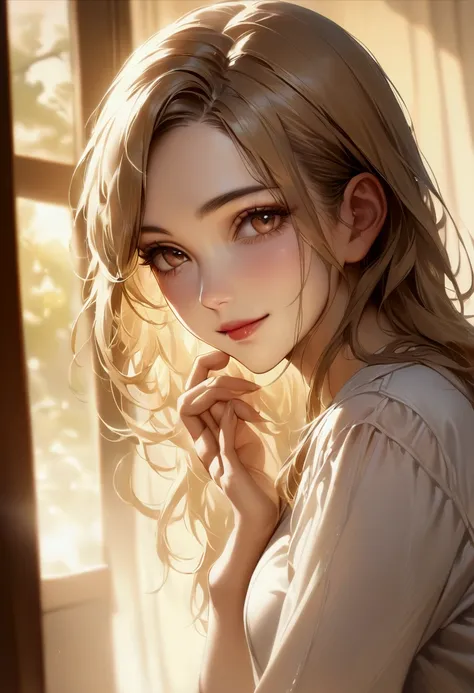 Official Art, wallpaper, Very detailed, (((Very detailedな目と顔))), Realistic portraits, (Highest quality, masterpiece, High resolution), (High resolutionスキン: 1.2), 8K Ultra HD, Backlight, Background Blur, smile, One Woman, a woman in a white shirt, Beautiful...