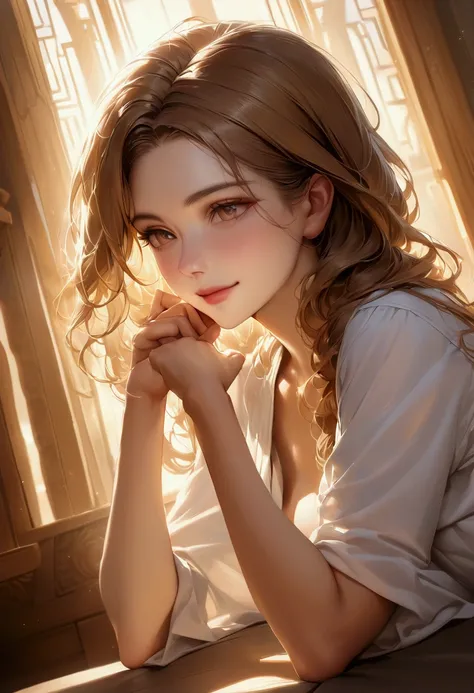 Official Art, wallpaper, Very detailed, (((Very detailedな目と顔))), Realistic portraits, (Highest quality, masterpiece, High resolution), (High resolutionスキン: 1.2), 8K Ultra HD, Backlight, Background Blur, smile, One Woman, a woman in a white shirt, Beautiful...