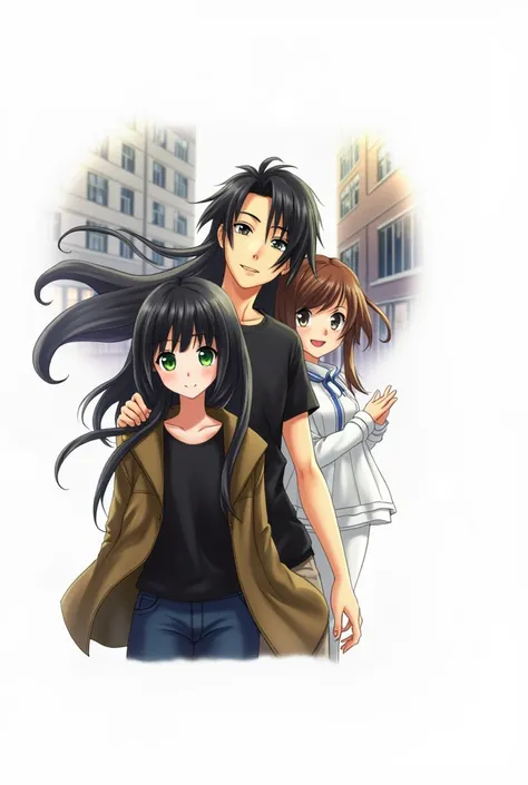 2 people. boy, long black hair, grey eyes, in a black T-shirt and a brown jacket, Beautiful face, beautiful body, 2 girls with angelic , Black short shoulder length hair, green eyes, anime art, masterpiece, realistically