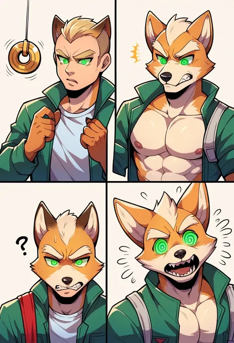 Male, fox, furry, fox mccloud, starfox, canine, shirtless, ripped clothing, fox transformation, human, bright glowing eyes, confused expression, canine penis, sheath, sharp teeth, detailed mouth, hypnosis, hypnotic eyes, bright glowing eyes, transformation...