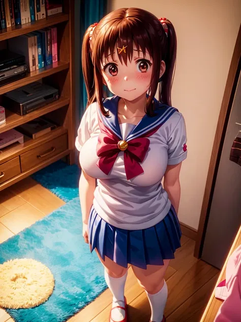 Ebina standing standing standing in her room , wearing a Sailor Moon costume , cheerful and shy attitude, big breasts, (room full of stuffed animals and teenage things), (looking at the camera).