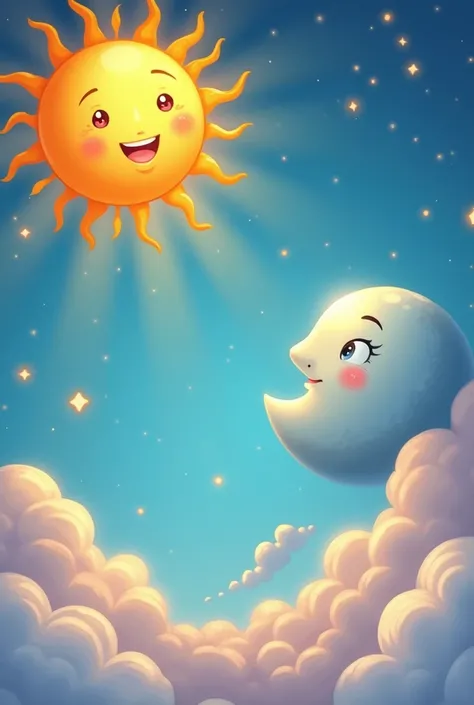 Draw a picture of a happy moon and sun. 