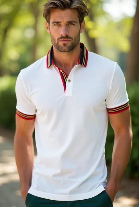 Plain white polo shirt having red, gold, black and green stripes at the end of collar and hands in HD