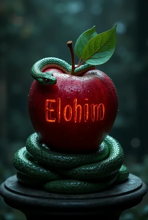 a snake coiling around an apple in the middle of darkness, The apple has letters written on it that say Elohim, the snake looking ominously