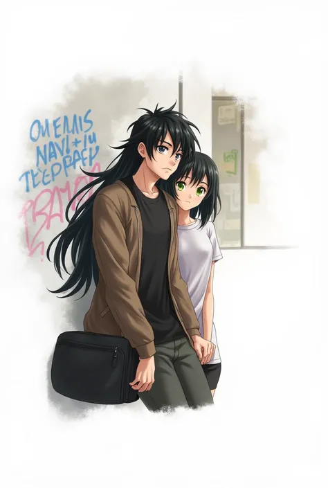 2 people. boy, long black hair, grey eyes, in a black T-shirt and a brown jacket, Beautiful face, beautiful body, girl with angelic , Black short shoulder length hair, green eyes, anime art, masterpiece, realistically