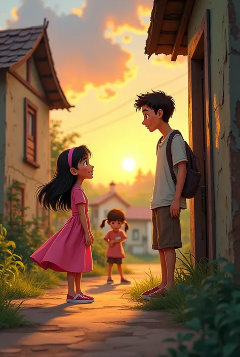 A  in a pink dress outside a poor house disney cartoon type
2nd picture
 She and her younger brother watched her father come home from work with mother
3rd picture 
When father is sick in bed, my brother and mother look on with sadness