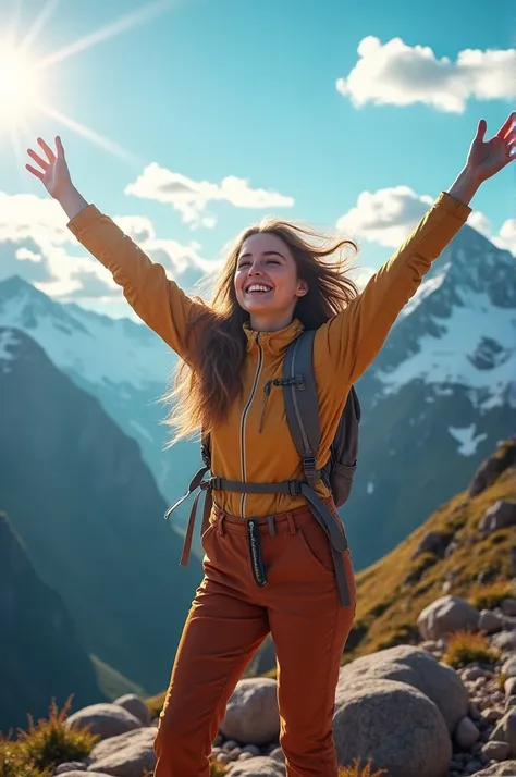 A very happy person in hyperrealistic style on a mountain looking towards the camera with an exaggerated smile and tears of joy