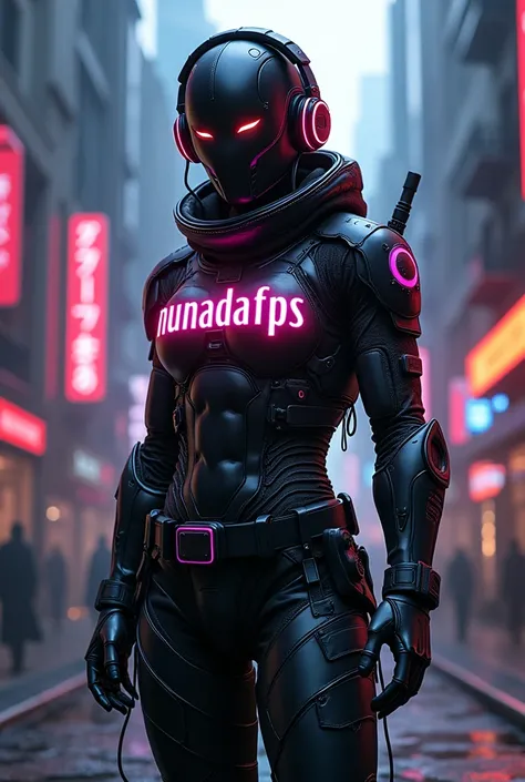 Create a gamer avatar with the name "nunadafps." The character should have a determined and imposing appearance, with elements of a futuristic world and cyberpunk style. Use dark tones with neon details to highlight the FPS gaming theme (First-Person Shoot...