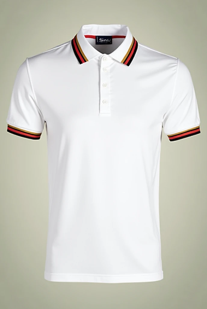 Plain white polo shirt having red, gold, black and green stripes at the end of collar and hands in HD