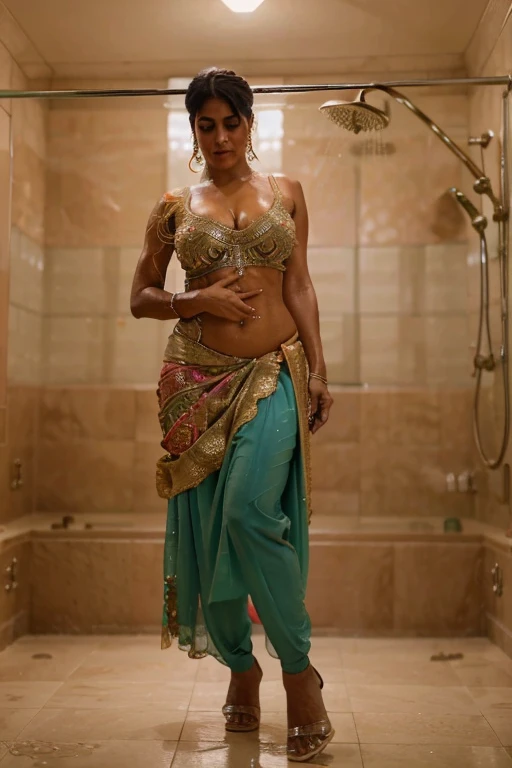 photo from bottom view of gorgeous pakistani woman in sexy sleeveless choli, athleti  hourglass figure, wet skin, in shower, med...