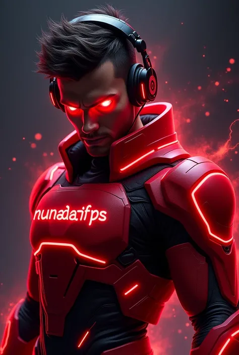 Create a male avatar for "nunadafps" focusing on the color red. The character must display strength and intensity, with a futuristic red armor that has neon details. Your eyes should glow a menacing red., and the background should be dark to highlight the ...