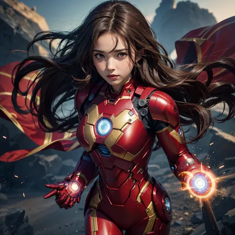 Woman with curly, not wavy hair, wearing an Iron Man suit from Marvel.