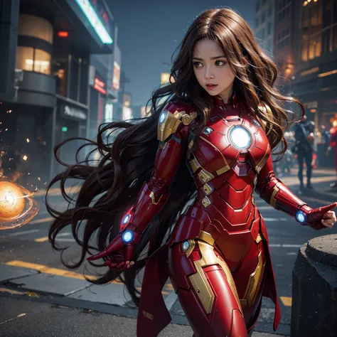 Woman with curly, not wavy hair, wearing an Iron Man suit from Marvel.