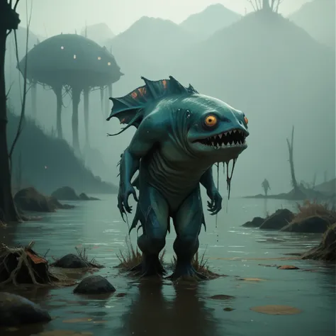 a fish creature walking through a muddy area, scary fish, scary sea monster, scary creature, swamp monster, realistic creature c...