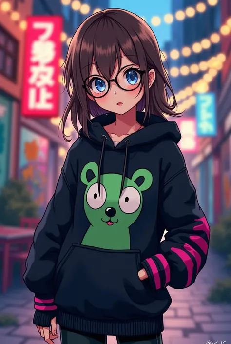 draw art of 14 year old girl in anime style, blue-gray eyes, a barely long brown hair, sloppy strands over shoulders and long bangs to the side that covered my left eye, round glasses with black frames, clothing style was rather baggy, a black zip hoodie w...