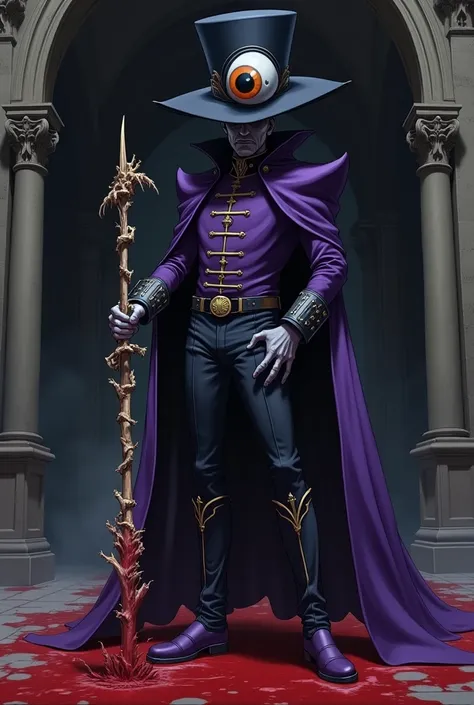 This image needs to be anime style. Its a guard of the Queen of England. His hat is large and black, with a huge eye on it. His skin is gray and his eyes are not visible. His uniform is purple. His pants are black. He is wearing purple shoes. His weapon is...