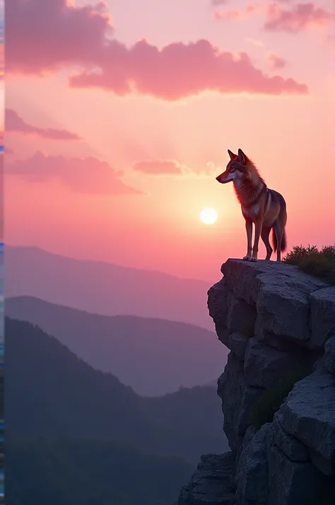 A maned wolf on a cliff with a pink sky
