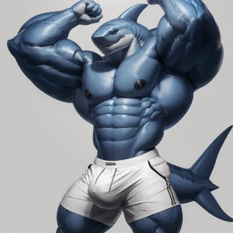 furry growth, big Bulge, hyper growth, hyper muscles, a shark, blue, cute shark, shirtless, white shorts, muscular, on a gray background