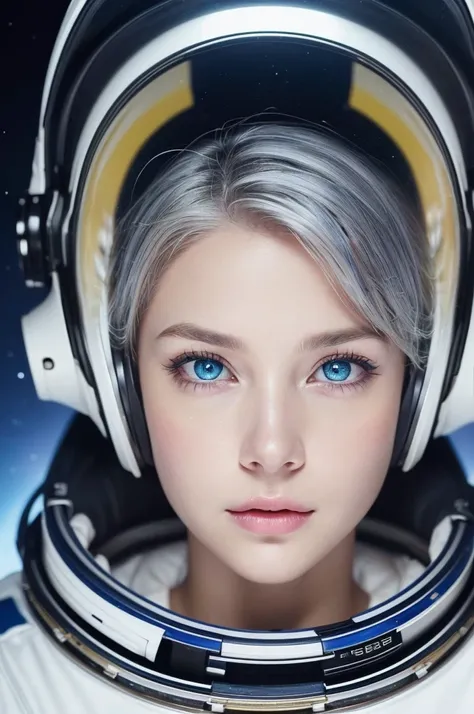 A closer look at a better masterpiece：1.5)0.9]、(Space and astronauts：1.2) (Disheveled silver hair：1.1) (Heterochromia and Yellow and Blue Eyes：1.2) (Space Helmet：1.0) (Colored stars in the eyes：1.0) (Shining Light：1.1) (Thick lips：0.9)