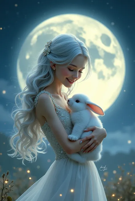 create a hyperrealistic beautiful moon fairy God with elegant smile holding a white bunny with a huge big full moon on the background and stars. the image should be elegant and suitable for a children storybook