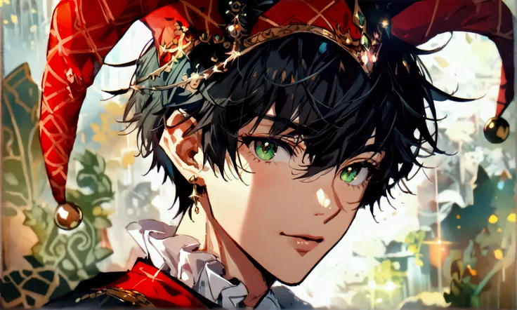 boy, short dark brown hair, big green eyes, wearing black and red jester outfit, Face with a mischievous and curious expression, ((Intricate anime character design inspired by Ousama Ranking)), ((Stunning lighting)), ((Fine lines)), ((Stunning focus)), ((S...