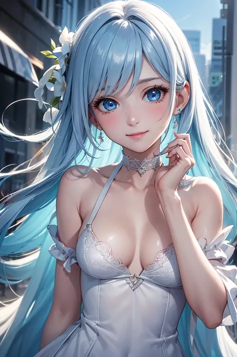 Best Quality,High resolution,8k,(white background),The background is pure white,Masterpiece:1.2),beautiful girl,Shiny light blue hair,messy hair,Light blue eyes,Gentle look,A refreshing look,smile,Best quality,Best Quality,Aesthetic and aesthetic:1.2,Best ...