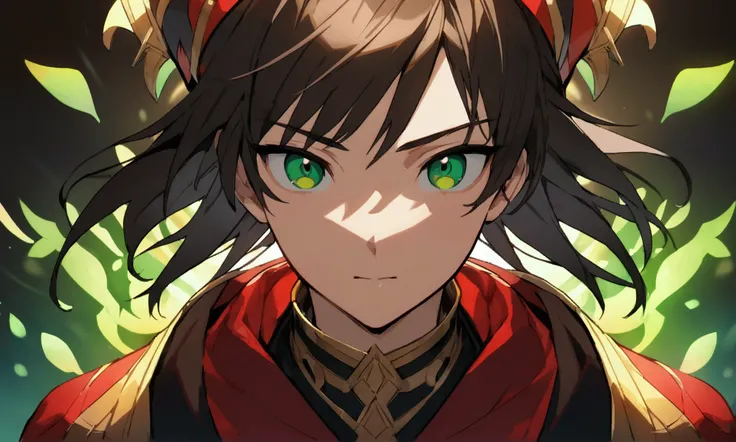 boy, short dark brown hair, big green eyes, wearing black and red jester outfit, Face with a mischievous and curious expression, ((Intricate anime character design inspired by Ousama Ranking)), ((Stunning lighting)), ((Fine lines)), ((Stunning focus)), ((S...