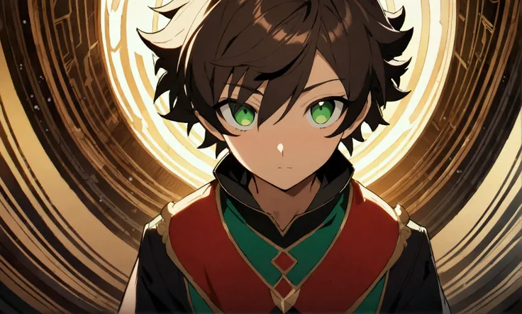 boy, short dark brown hair, big green eyes, wearing black and red jester outfit, Face with a mischievous and curious expression, ((Intricate anime character design inspired by Ousama Ranking)), ((Stunning lighting)), ((Fine lines)), ((Stunning focus)), ((S...