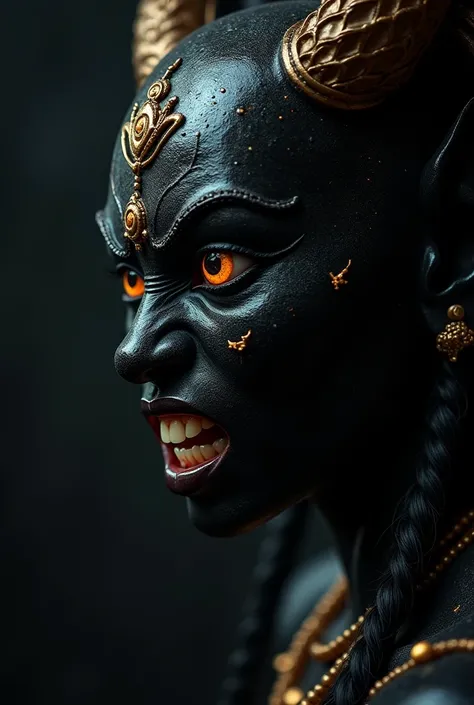 A black marbled hindu goddess Kali, demon like, from a meditating stance, looking through her eye brows, angry, furious, raging, baring her fangs, bloodlust, dynamic shot, side angle shot, close-up shot, high angle shot, bokeh, bald, adorned with hindu and...