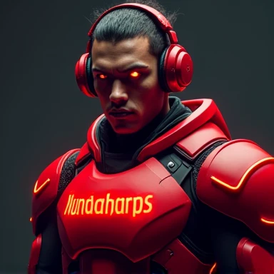 Create a male avatar for "nunadafps" focusing on the color red. The character must display strength and intensity, with a futuristic red armor that has neon details. Your eyes should glow a menacing red., and the background should be dark to highlight the ...