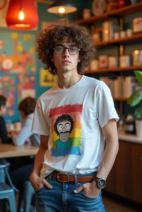 Create a 25-year-old young man, with big hair, round, nerdy glasses and effeminate