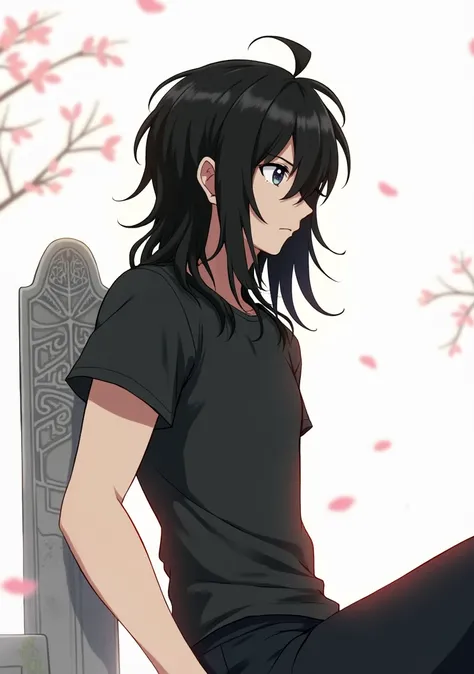 A guy with long black hair, with grey eyes, in a black T-shirt, sad smile, Beautiful face, beautiful body, sitting leaning against the tombstone, anime art, masterpiece, realistically