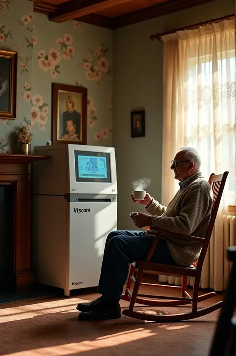 Upload an image of a Viscom 5960 AOI machine.
It should be in an old living room where an old man is sitting in a rocking chair next to it, drinking tea.