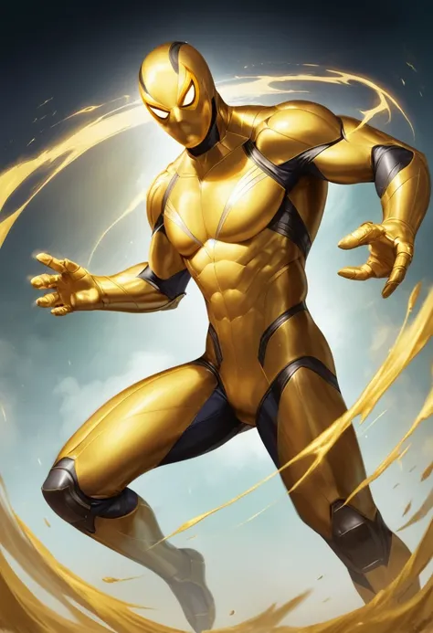 a close up of a yellow and black spiderman, sleek yellow armor,green and blue , golden armour e verde azul , heroic male pose, smooth golden skin, gold armour suit, golden armour, golden full body armor, smooth gold armour, gold armour, X-Man bitter fantas...