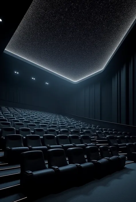 3d pictures of cinema hall with 45x30 dimension with black interior  and different angles with optical fibre ceiling 


