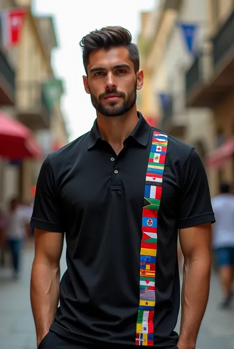 Plain black polo shirt having flags of 100 country arranged vertically and horizontally on it  in HD