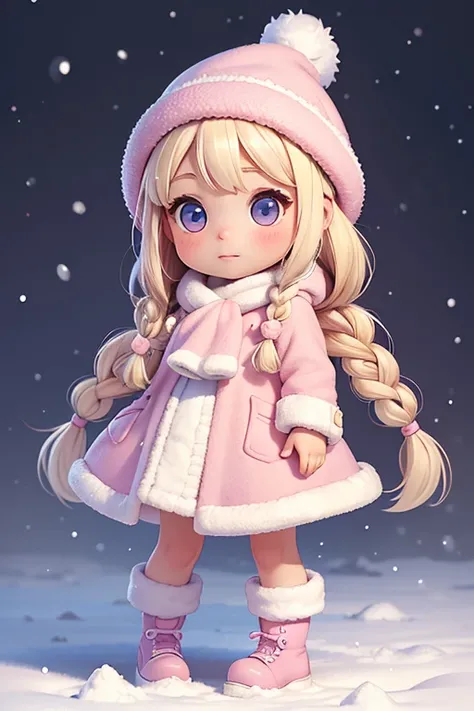 Full body of a realistic sweetness baby chibi girl in winter, freckled with two braids in her long white blonde hair. She is playing in an enchanted winter magic garden. Clipart digital art style, pink colors, pink coat and hat. Very detailed,  32k.