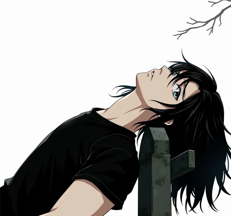 A guy with long black hair, with grey eyes, in a black T-shirt, is sad, Beautiful face, beautiful body, sitting leaning against the tombstone, anime art, masterpiece, realistically