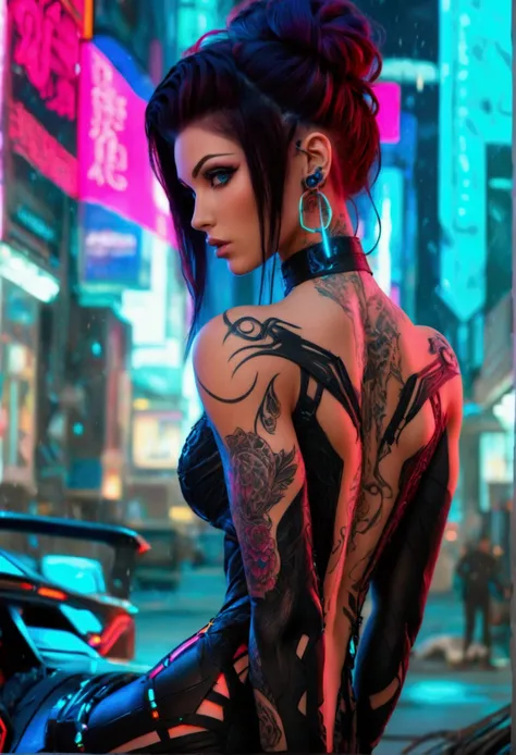 Create a hyper detailed photograph of a tattooed muscular young sexy cyber girl , Stunningly perfect gorgeous  feminine face, perfect makeup, detailed vibrant neon sapphire eyes, long hair, big beautiful muscular legs, big beautiful muscular arms, big back...