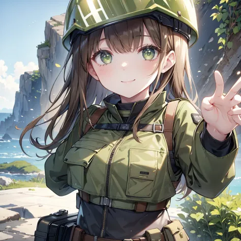 Girl, Brown hair, green eyes, smile
Military outfit, helmet, Bulletproof vest,
Cliffside