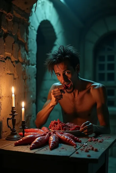 Man eating livers in a horror scene