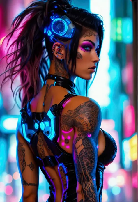 Create a hyper detailed photograph of a tattooed muscular young sexy cyberpunk girl , Stunningly perfect gorgeous  feminine face, perfect makeup, detailed vibrant neon sapphire eyes, long hair, big beautiful muscular legs, big beautiful muscular arms, big ...