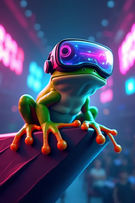 Simple e-sports logo of a frog wearing a VR headset, ready to leap from an edge 