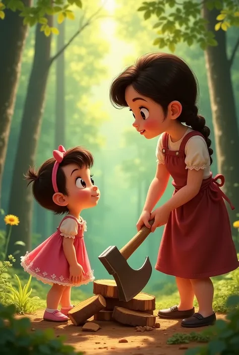 A portrait of a child in a pink dress looking sadly at his mother as she chops firewood with difficulty. disney 
cartoon type 