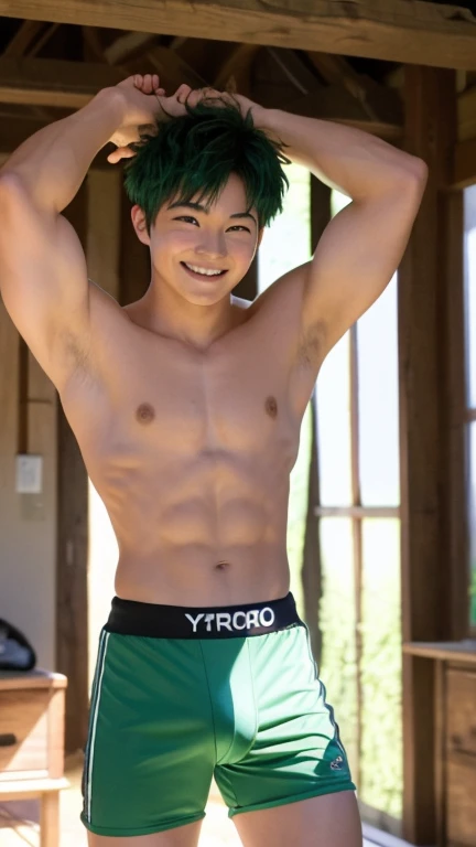 Japanese men、15 years old、Well-developed muscles and smooth skin、Fluffy, voluminous, bright green hair、Thin yellow boxer briefs、You can see the whole body from head to toe.、Smiling softly and friendly、Hero Academy、Posing in the forest barn